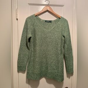 Lauren Ralph Lauren Green Speckled Knit V-Neck Sweater L Equestrian Old Money
